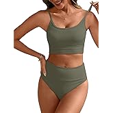 ANRABESS Women High Waisted Bikini Sets Color Block Summer Beach Vacation 2 Piece Bathing Suit Tummy Control Ribbed Swimsuit