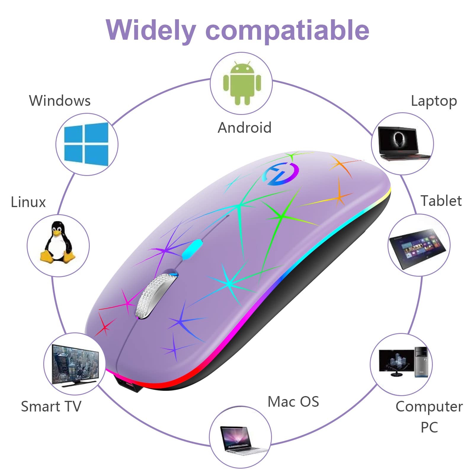 TaIYanG Wireless Mouse, 2.4G Portable Optical Quiet RGB Mouse with USB Receiver and Type C Adapter, 3 Adjustable DPI Levels, Wireless Computer Mouse for Laptop, Computer, PC, MacBook, Desktop