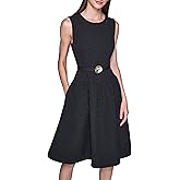 Karl Lagerfeld Women's Sleeveless Crew Neck Flower Belt Floral Stretch Jacquard A-line Dress