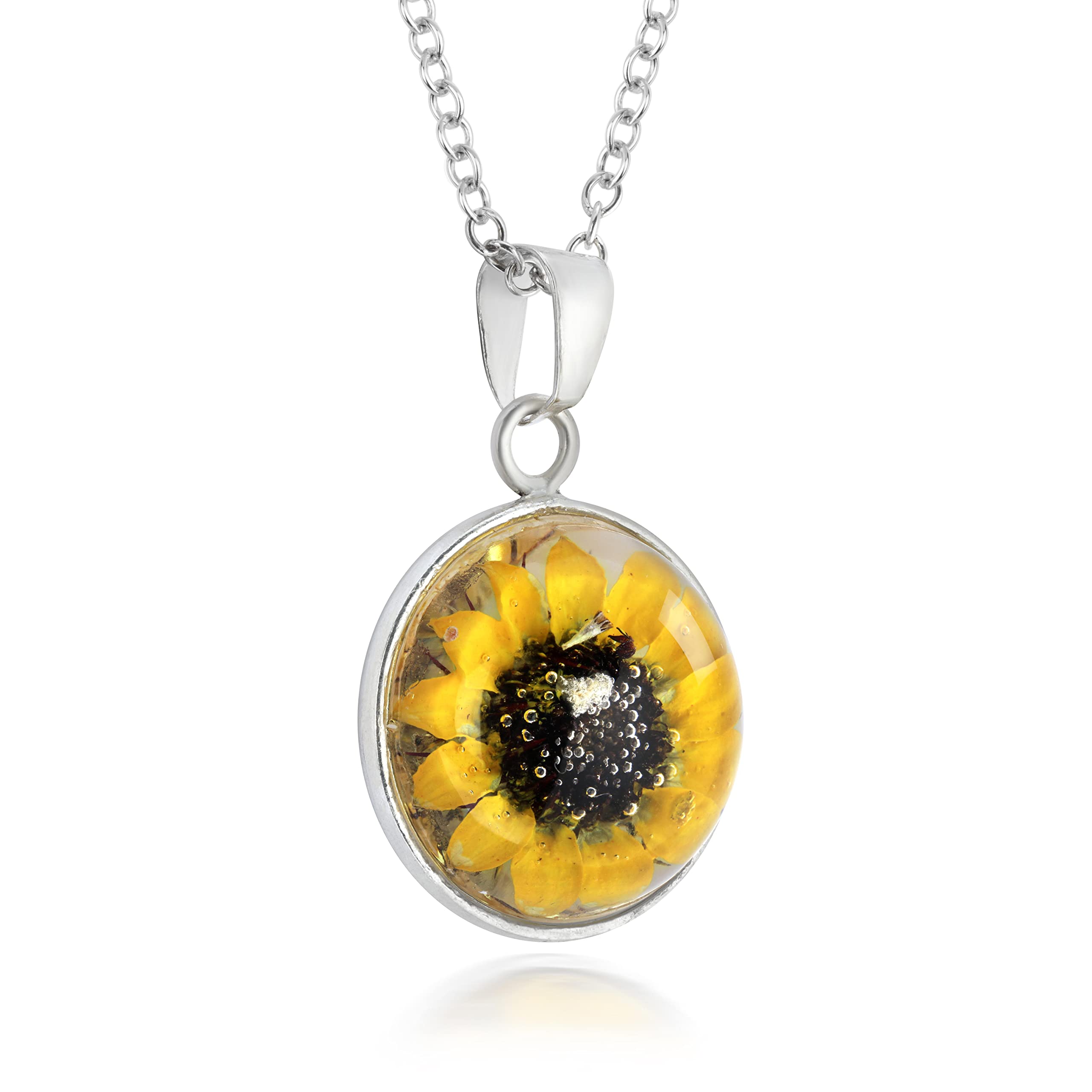 Natural Flower Jewellery Sterling Silver Round Domed Pendant Made With Real Sunflowers