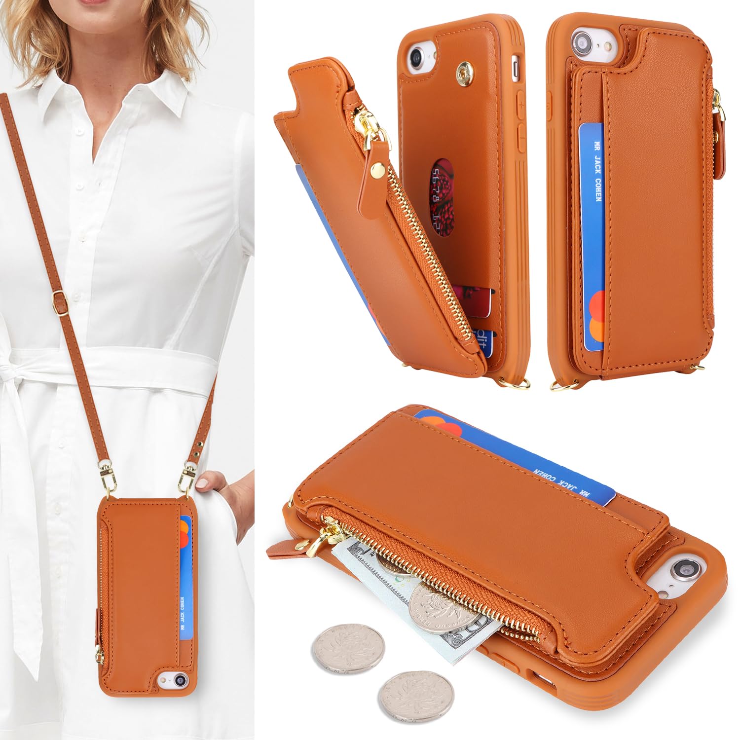 SailorTech for iPhone SE 2020/SE 2022 Phone Case with Credit Card Holder for Women, iPhone 7/8 Leather Case Wallet Crossbody with Credit Card Slots Zipper Shockproof Case - Brown