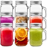 Keketin 16 oz Glass Mason Jars with Lids,9 Pack Reusable Drinking Mason Jars with Handle,480ml Glass Overnight Oats Jar,Beer Mugs for Smoothies,Preserve,Cocktails,Party Favors