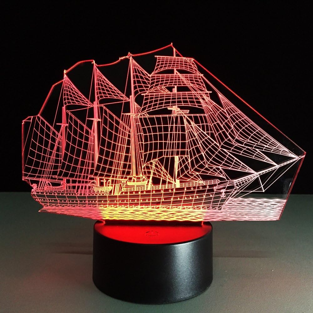 Amazing 3D illusion Effect LED Night Light Sailing Ship LED Desk Table Night Light Lamp 7 Color Change Acrylic Press Lamp Kids Children Holiday Gift Home Office Baby Room Decoration Night Light