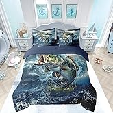 Feelyou Pike Fish Twin Comforter Set with Sheets 7 Piece Bass Big Fish Bedding Set Ocean Fishing and Hunting Bed in a Bag