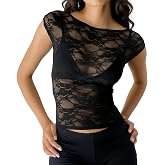 Women Lace Sheer Tops Short Sleeve Boat Neck See Through Mesh Shirt Tops | Sexy Going Out Tops Lace Undershirt Floral Mesh Shirt Tops Fishnet Top Party Concert Rave Tops Y2K Floral Lace Layering Top