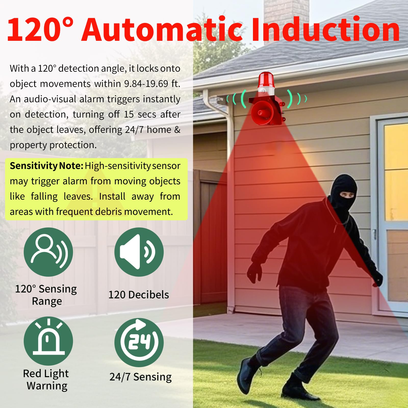 Motion Sensor Alarm with Human Detection,120dB Adjustable Siren & LED Strobe Lights Outdoor Security Alarm for Home Theft,Animal Intrusion,Garden Protection,Property Protection,AC110V with Plug