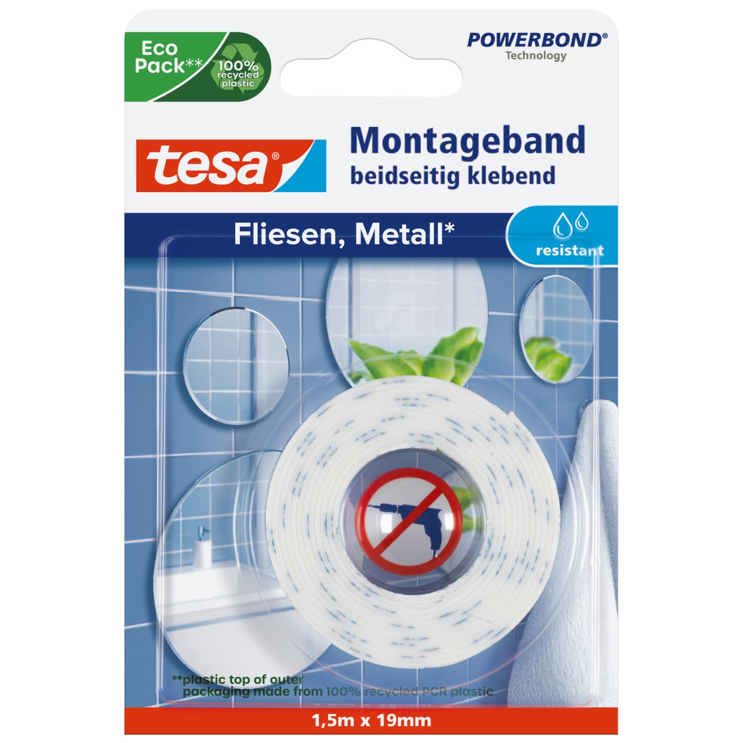 tesa UK Mounting Tape for Tiles & Metal,1,5m x 19mm,77744-00000-00