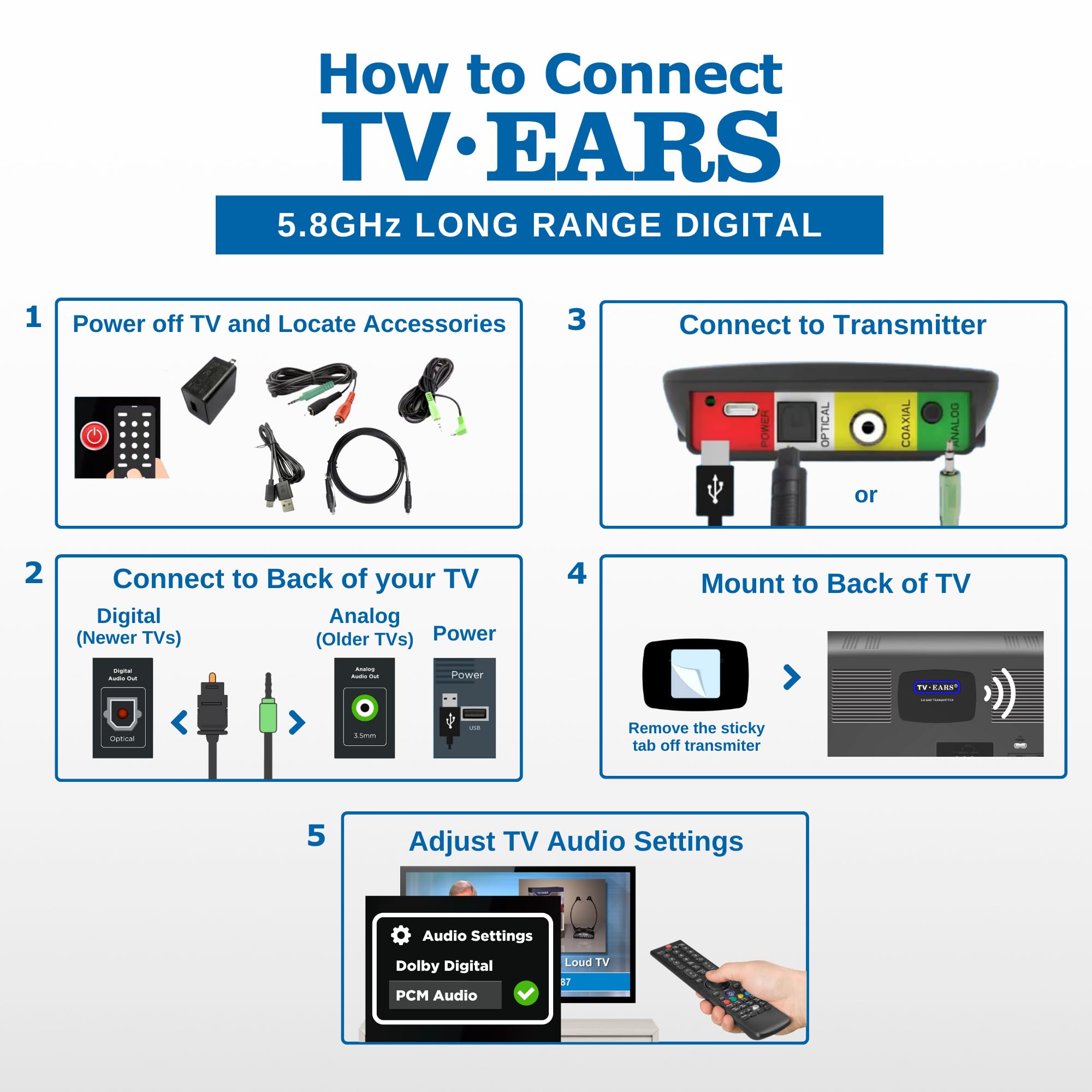 TV · Ears Long Range Digital Wireless Headset System, 5.8 GHz RF Transmitter Headsets for TV, Ideal for Seniors & with Hearing Difficulties, Works with a Wide Range of TV Brands, 1 Pair