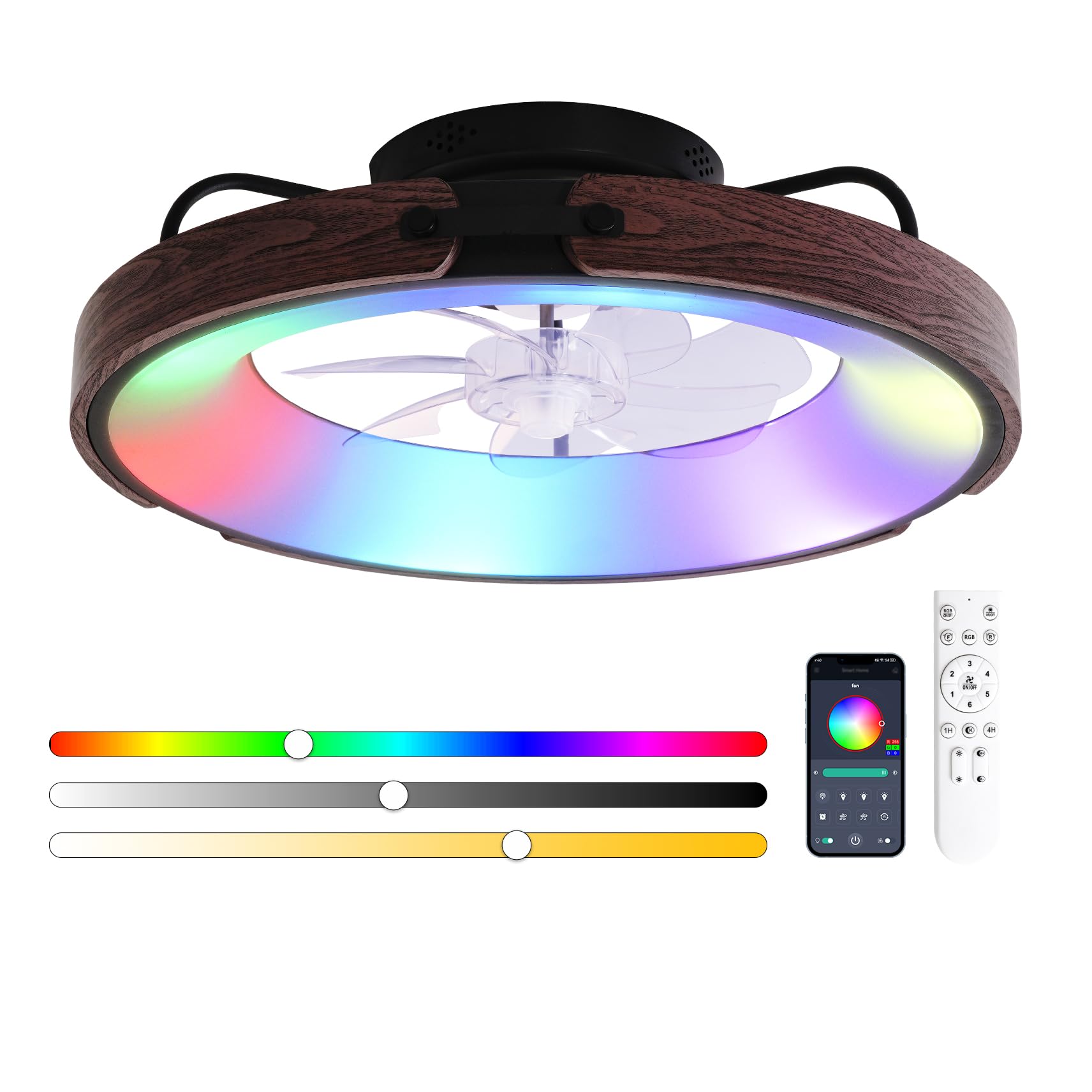 Photo 1 of **COVER BROKEN**Carrefour Ceiling Fan with Light, 19.5'' Smart Low Profile Ceiling Fan, Flush Mount LED Fan with Remote, 6 Speeds, Reversible, Dimmable, RGB Ceiling Light for Bedroom, Kids Room (Matte Black)