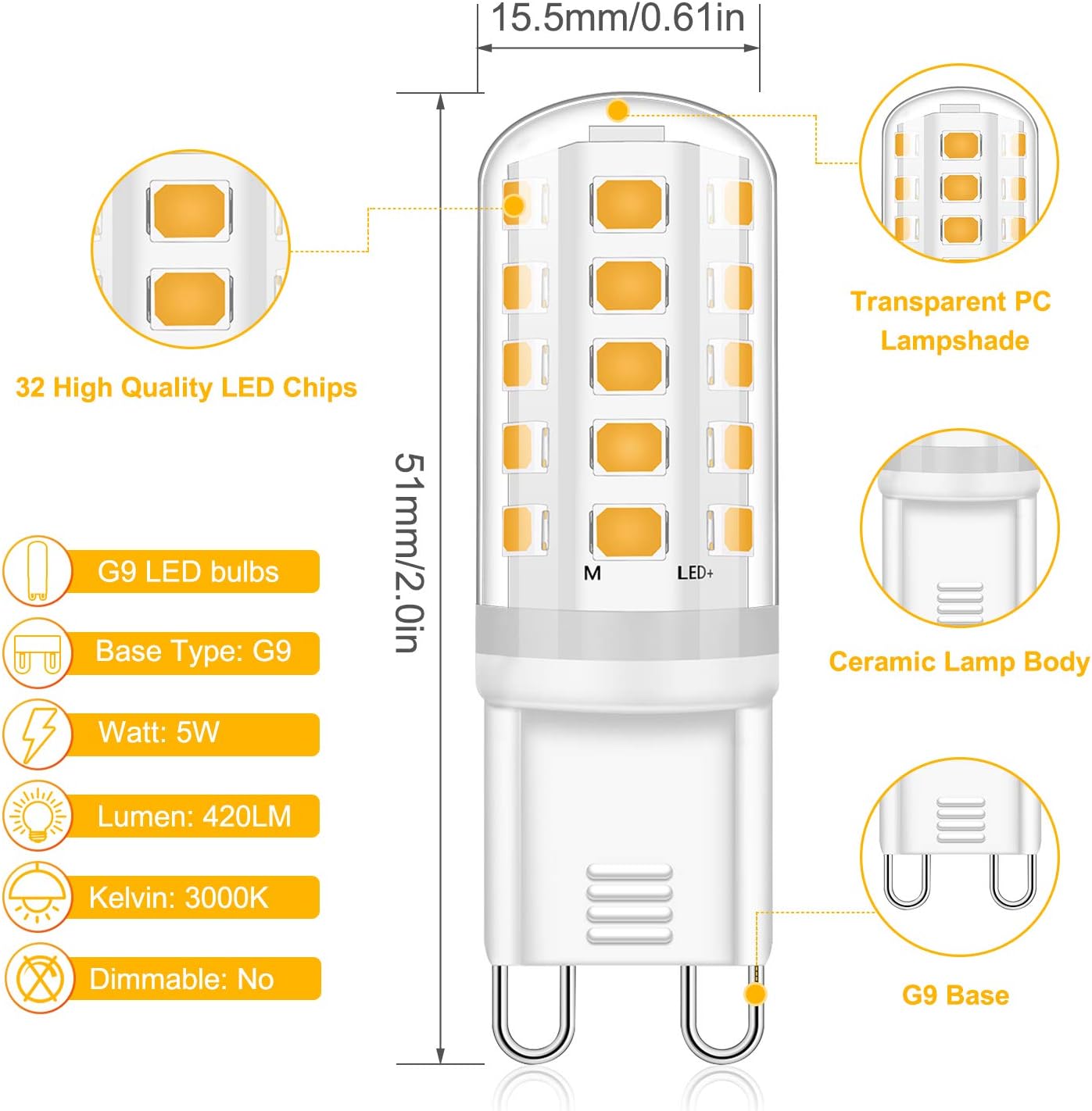 Eco.Luma G9 LED Light Bulb Warm White 3000K, 5W Replacement 30W, 40W Halogen Bulb, Non-Dimmable, 360° Beam Angle - Image 4
