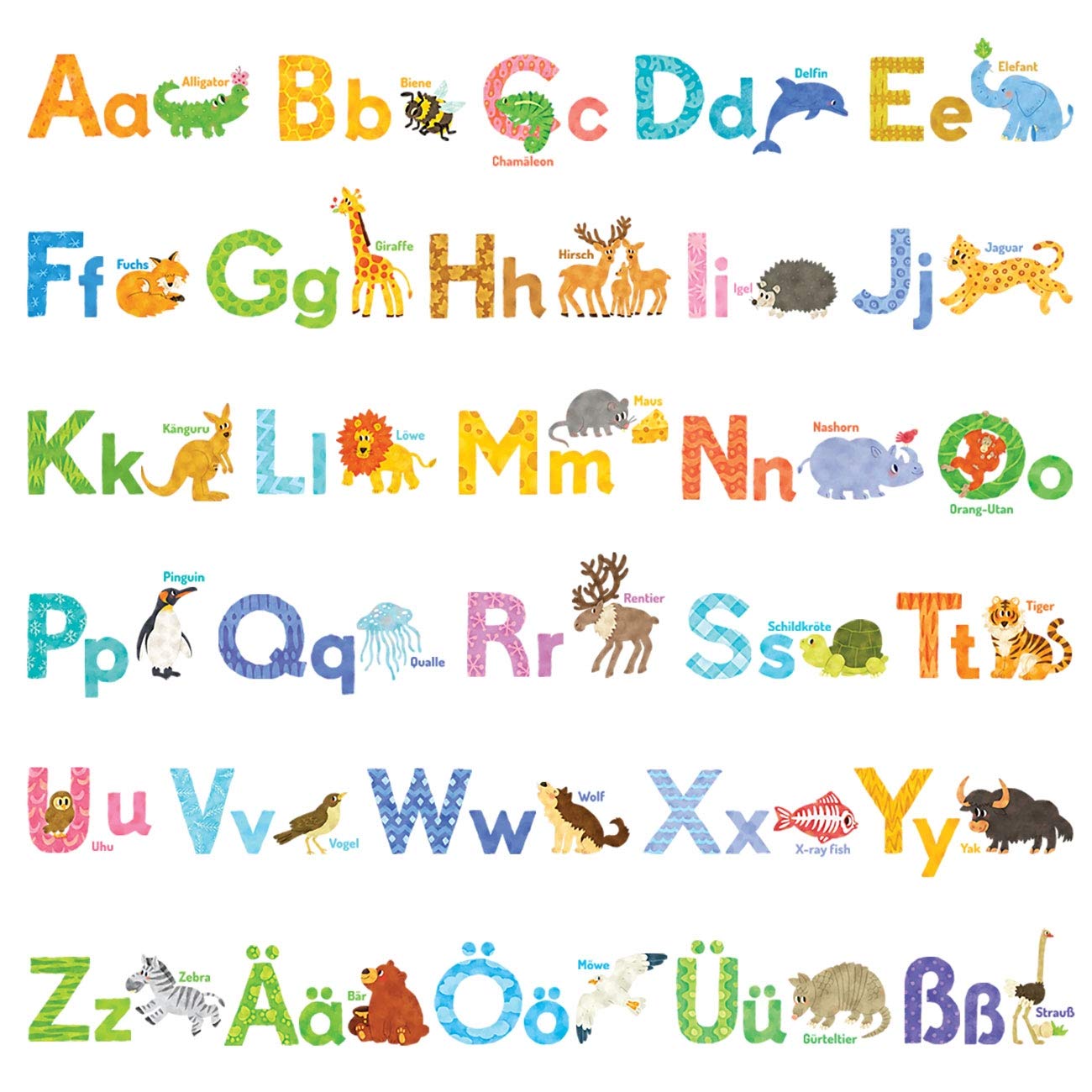 DECOWALL DW-1808 Watercolour Animal German Alphabet Kids Wall Stickers Decals Peel and Stick Removable for Nursery Bedroom Living Room Art murals Decorations