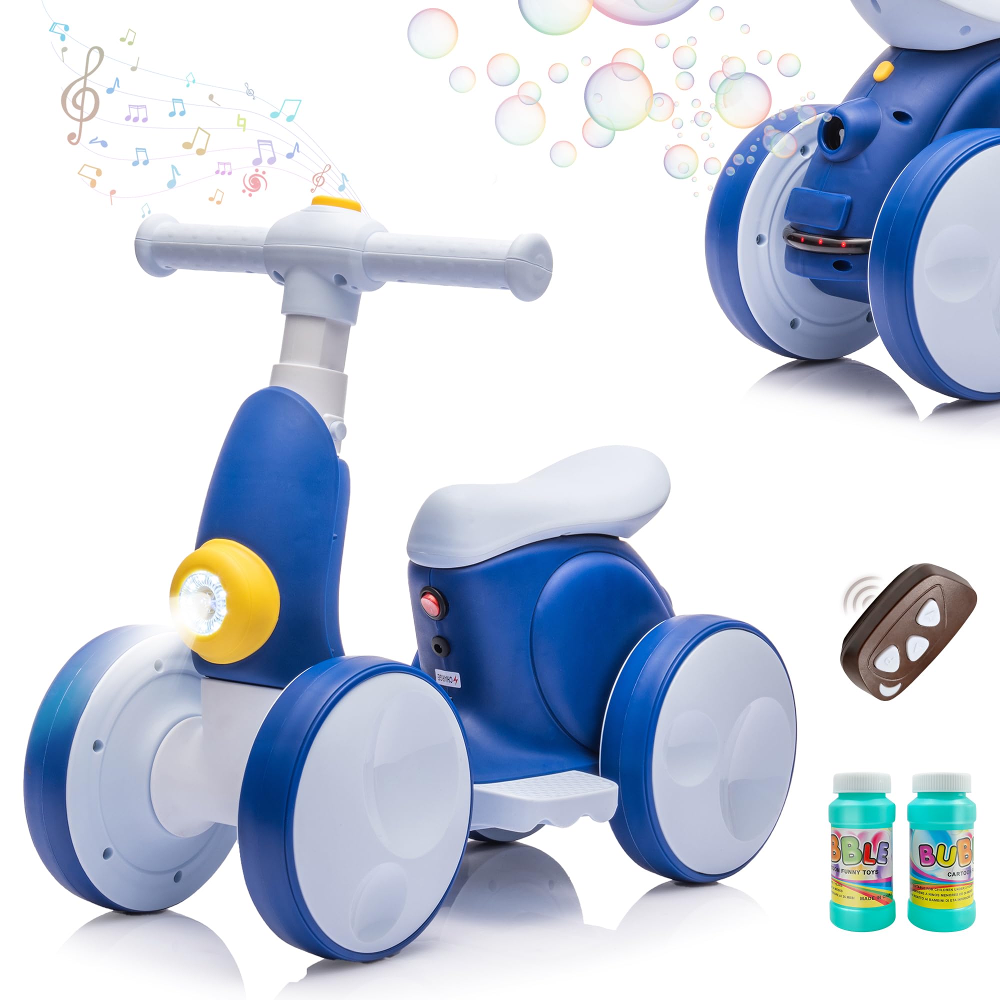Photo 1 of JoyRydz 6V Electric Baby Balance Bike with Bubble Machine,4 in 1 Toddler Balance Bike w/Remote Control for 1 Year Old Boys Girls Kids Bubble Bike Ride on Toys w/Powered Motor,Music,LED Lights (Blue)