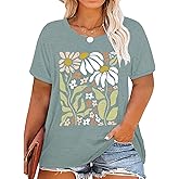 Plus Size Tops for Women Vintage Flower Graphic Tees Boho Floral Wildflowers Casual T Shirt Summer Short Sleeve Tops
