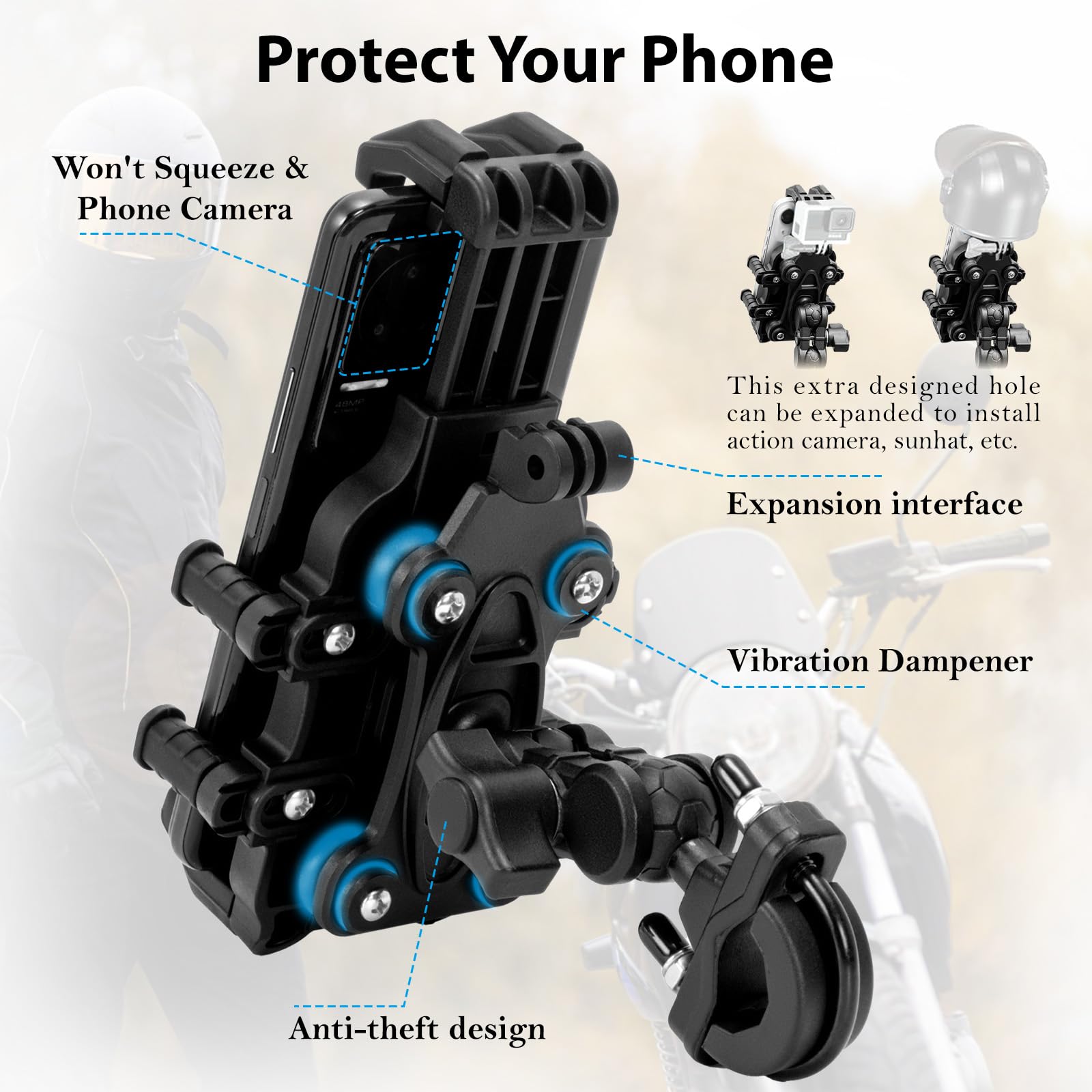 EMERK Motorcycle Phone Mount Holder - [Dual Vibration Dampener] [Anti-Shake Anti-Theft] Bike Phone Holder, Adjustable Handlebar Cellphone Cradle for Bicycle Road Scooter ATV Fit 4.7''-7.2'' Smartphone