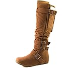 DailyShoes Women's Mid Calf Slouch Hidden Wedge Round Toe Flat Heel Knee High Boots, Camel Tan, size 11