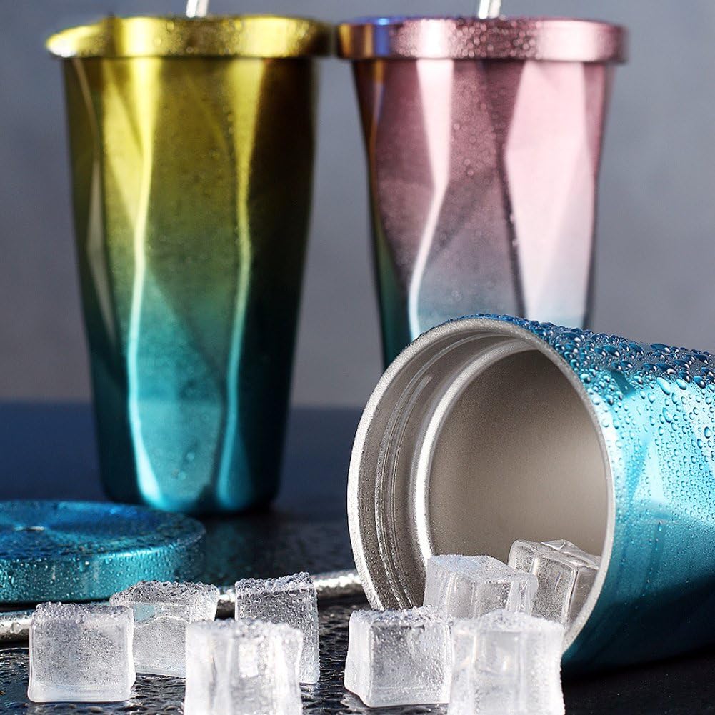 Stainless Steel Mug Travel Tumbler Hot and Cold Double Wall Drinking Cups Coffee Ice Cup With Straw 16oz Irregular Diamond with Lid (Green)