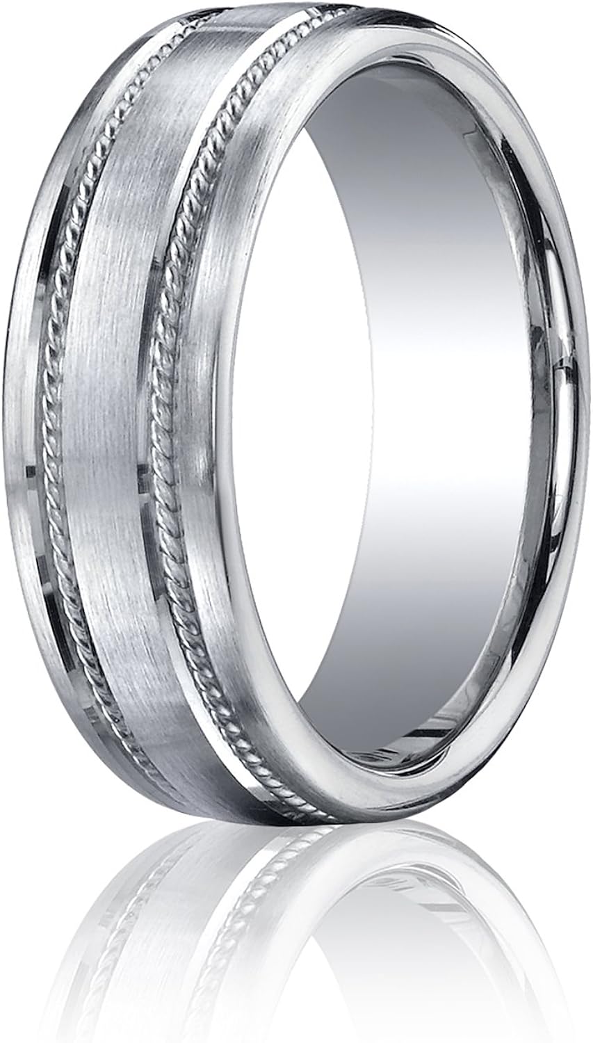 Men's Platinum 7.5mm Comfort Fit Satin Finished Rope Carved Wedding