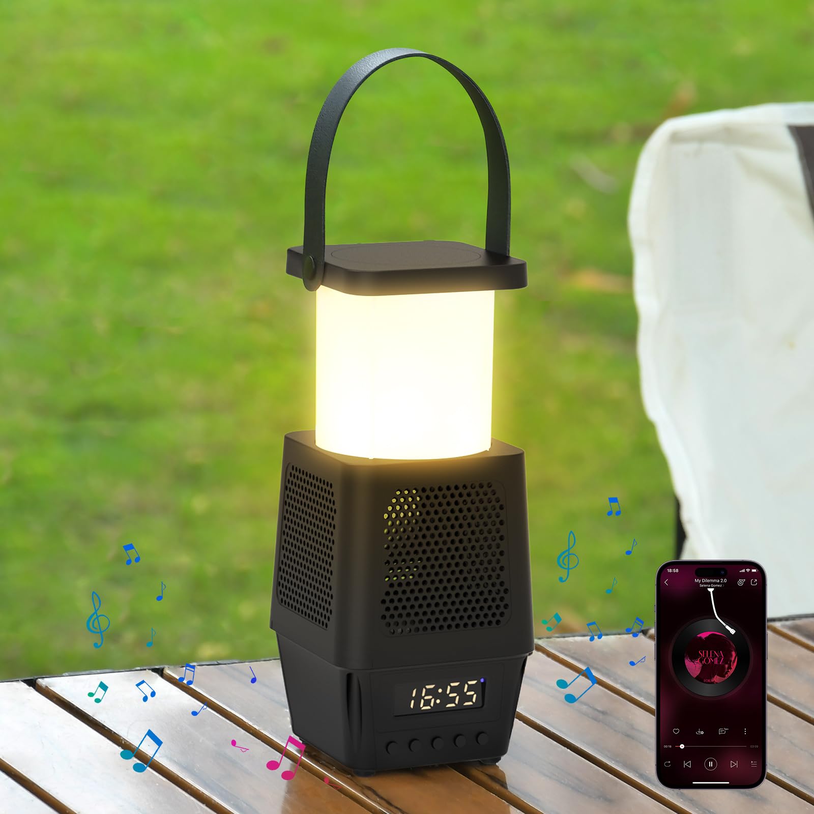 Photo 1 of 3 in 1 Cordless Camping Lamp,3CCT 7 Dimmable Rechargable Small Lantern with Wireless Bluetooth Speaker,Battery Operated Portable Alarm Clock Lamp