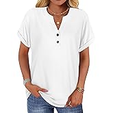 rosemia Womens Short Sleeve Shirts V Neck Dressy Casual Blouses Summer Loose Fitting Henley Tops