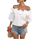 SHENHE Women's Off Shoulder 3D Flower Rosette Half Sleeve Blouse Summer Going Out Top