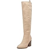 Ermonn Womens Faux Suede Knee High Side Zipper Chunky Heel Stretch Winter Boots