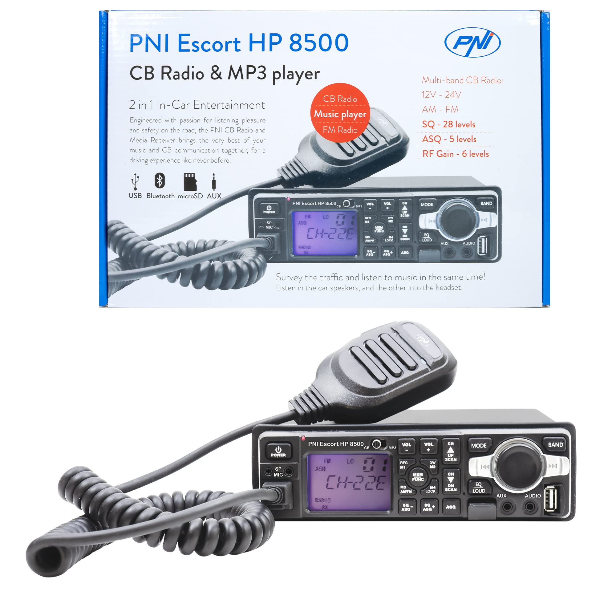 CB radio and MP3 player PNI Escort HP 8500 ASQ includes headphones with microphone, power supply 12V - 24V