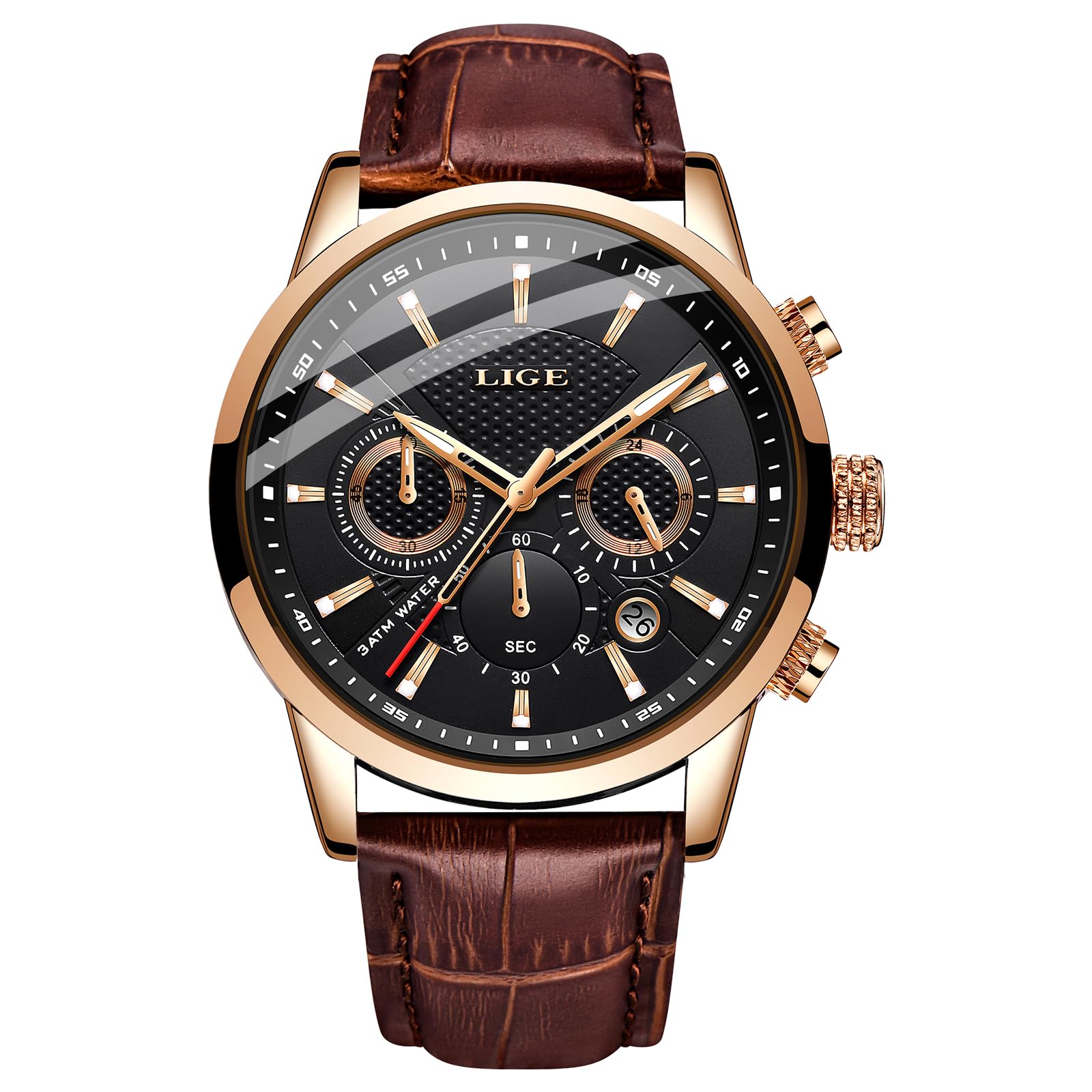 LIGE Watch Men's Fashion Waterproof Sports Chronograph Analogue Quartz Stainless Steel Leather Bracelet Rose Gold Dial Wristwatch