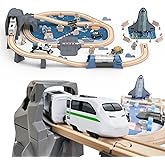82 PCS Wooden Train Set for Toddlers, Space Train PlaySet with Tracks, Compatible Major Brands, Toy for Kids Ages 3+