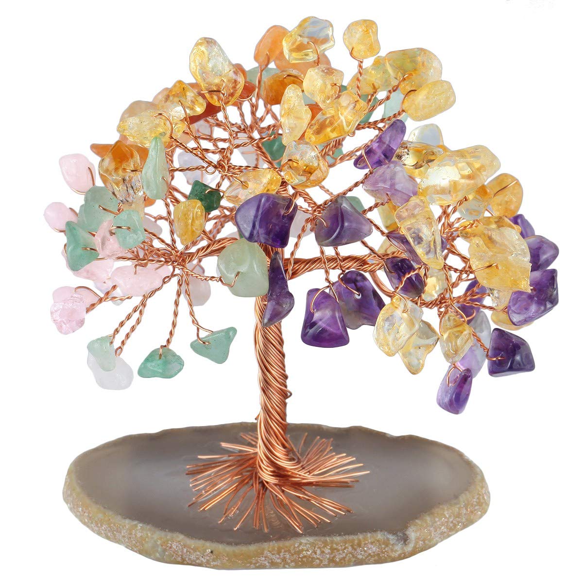 mookaitedecor Small Natural Chakra Crystal Money Tree Good Luck Desk Decoration, Healing Crystal Amethyst Citrine Bonsai Tree Gift, Agate Slice Geode Quartz Stand Stone Tree Feng Shui Ornament