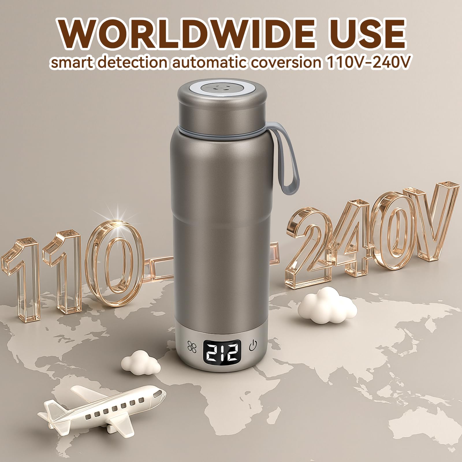 Hervidor de viaje de titanio puro, hervidor eléctrico portátil de doble voltaje, 110 V-240 V, caldera de agua pequeña inteligente para té y café, 12 controles de temperatura, apagado automático y protección de ebullición en seco (gris, 520 ml)