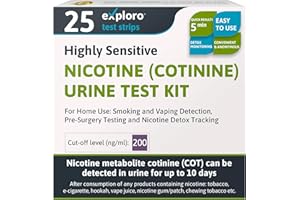 Exploro Nicotine Testing Kit at Home, Cotinine Urine Test, Highly Sensitive Nicotine Test Strips for Urine, Nicotine Test, Accurate Nicotene Test & Vape Test for Cut-Off Level 200 ng/ml (Pack of 25)