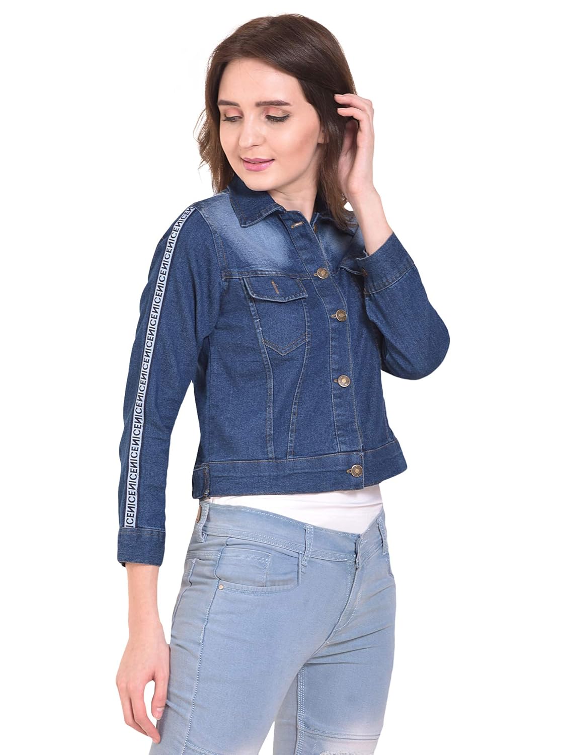 dimpy garments women's stone wash denim jacket (blue, medium)