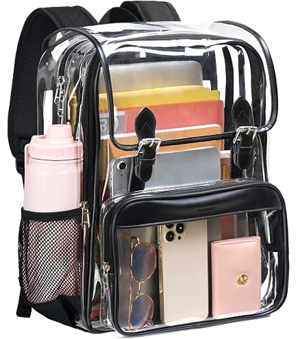 NEOREAL Clear Backpack Large Capacity Heavy Duty Transparent PVC Backpack with Leather Trim for Women College Work Travel