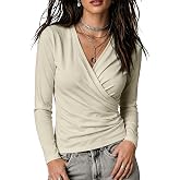 Coal2ToalPW Women Wrap V Neck Long Sleeve Shirt Ruched Slim Fit Casual Solid Color Crop Blouse