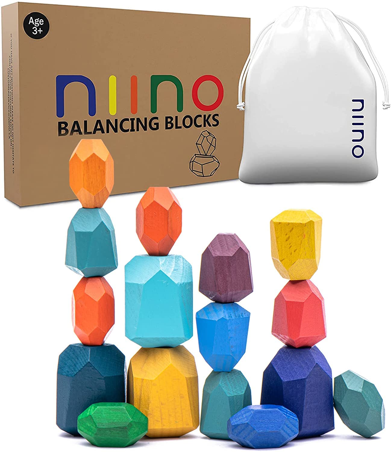 Milah Niino 20 Pcs Multicolour Wooden Blocks-Wooden Stone Balancing Blocks Stacking Toys-Stones Building Blocks-Stacking Rocks-Colourful Natural Rainbow Stacking Sensory Toy