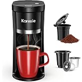 Karosie Small Single Serve Coffee Maker, Fast Brew for Coffee Pods &amp; Ground Coffee, 6-12 Oz Brew Sizes, One-Button Single Cup Coffee Maker, Coffee Machine with Descaling Reminder,Black