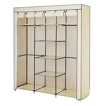 SONGMICS® Groß XXL Kleiderschrank Faltschrank Wäscheschrank mit 2 Hakenstange beige 175 x 150 x 45 cm DREI hochrollbare Türen