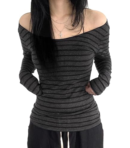 Women Striped Long Sleeve Grunge Shirt Tops Off The Shoulder Y2K
