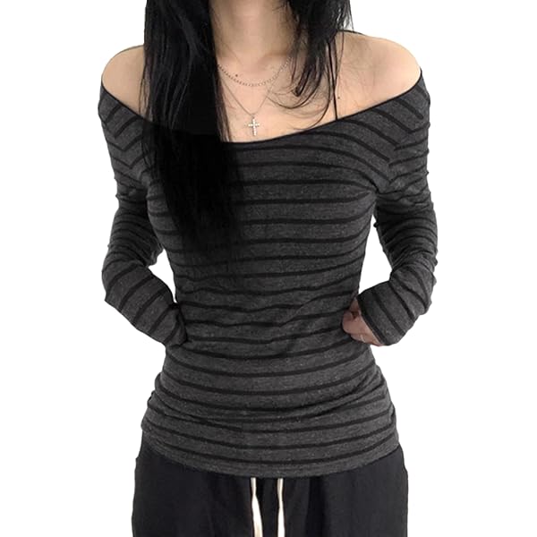Women Stripe Off Shoulder Long Sleeve Grunge Shirt Tops Y2K