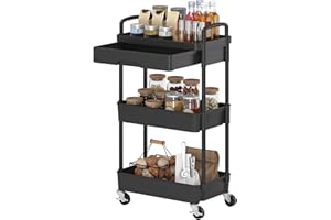 Dttwacoyh 3-Tier Rolling Cart，Trolley with Drawer, Multifunctional Storage Organizer with Plastic Shelf & Metal Wheels, Kitchen Storage Cart for Living Room, Kitchen, Office, Bathroom, Black