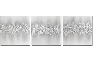 Sofoney - 3D Silver Gray Abstract Canvas Wall Art with Silver Foil and Glitter, 100% Hand Painted Metallic Textured Oil Painting 3 Piece Wall Decor for Living Room Bedroom Office - 20"x20"x3 Panels