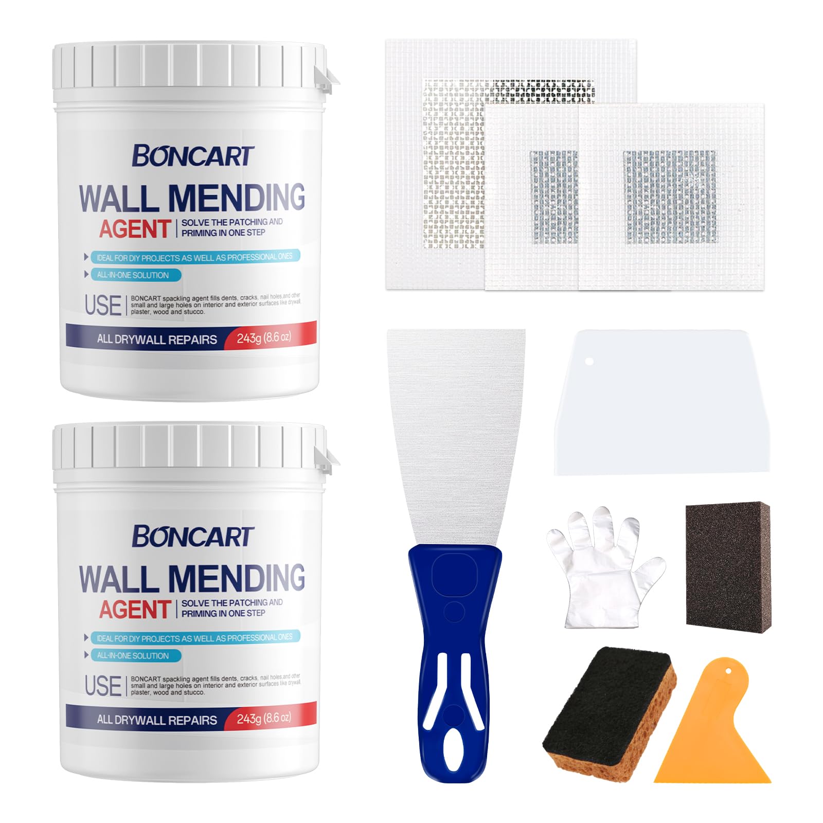 Photo 1 of 17.2oz Drywall Patch Repair Kit - Professional All-in-1 Tool Set (Scrapers/Sanding Sponge/Texture Sponge/Gloves/ ?Aluminum Patches/Putty Knife) for Fast Wall Hole Repair
