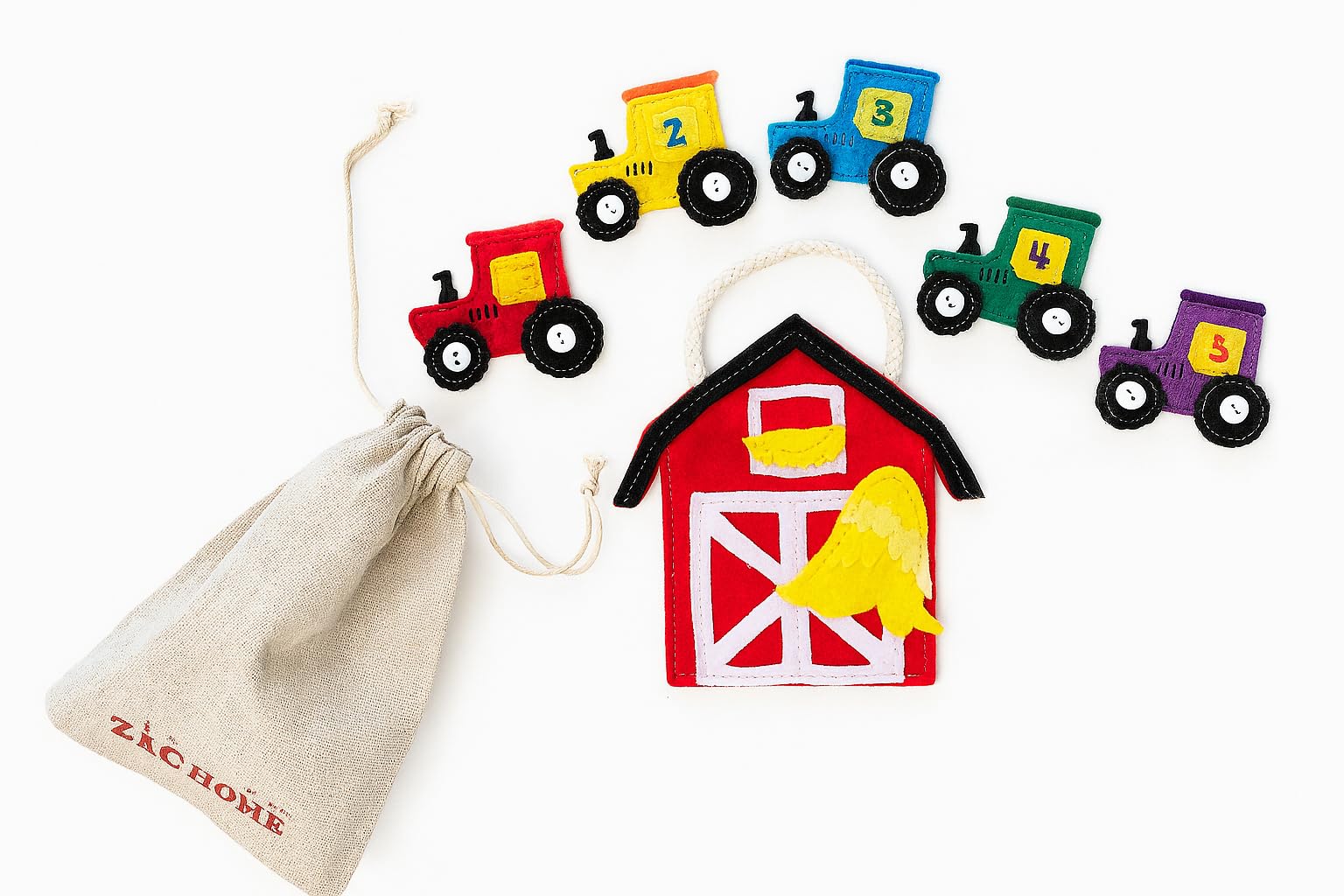 ZAC HOME Farm Finger Puppets Set, Educational Felt Tractors with Numbers 1-5, Red Barn Storage Bag, Learning Toys for Toddlers