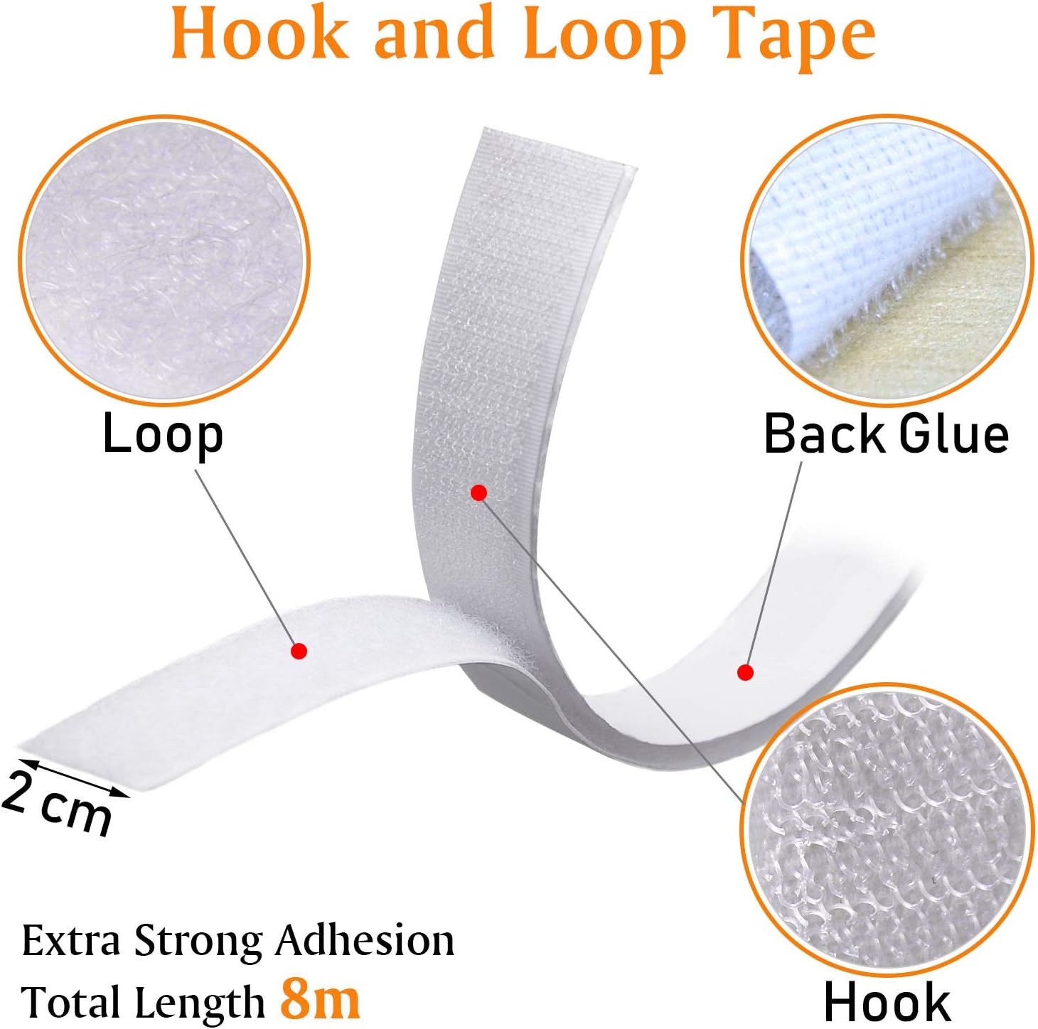 Fesoar Hook and Loop Strip Tape, Double Sided Self Adhesive Sticky Back Fastening Tape (20 mm x 8 m, White) - Image 3
