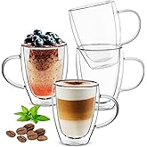 Jatnsefo 12 oz/350ml Double Walled Glass Coffee Mugs, Glass Coffee Cups Set of 4, Insulated Borosilicate Clear Glasses, Espresso Cappuccino Latte Tea Cups with Handle for Latte, Hot/Cold Drink