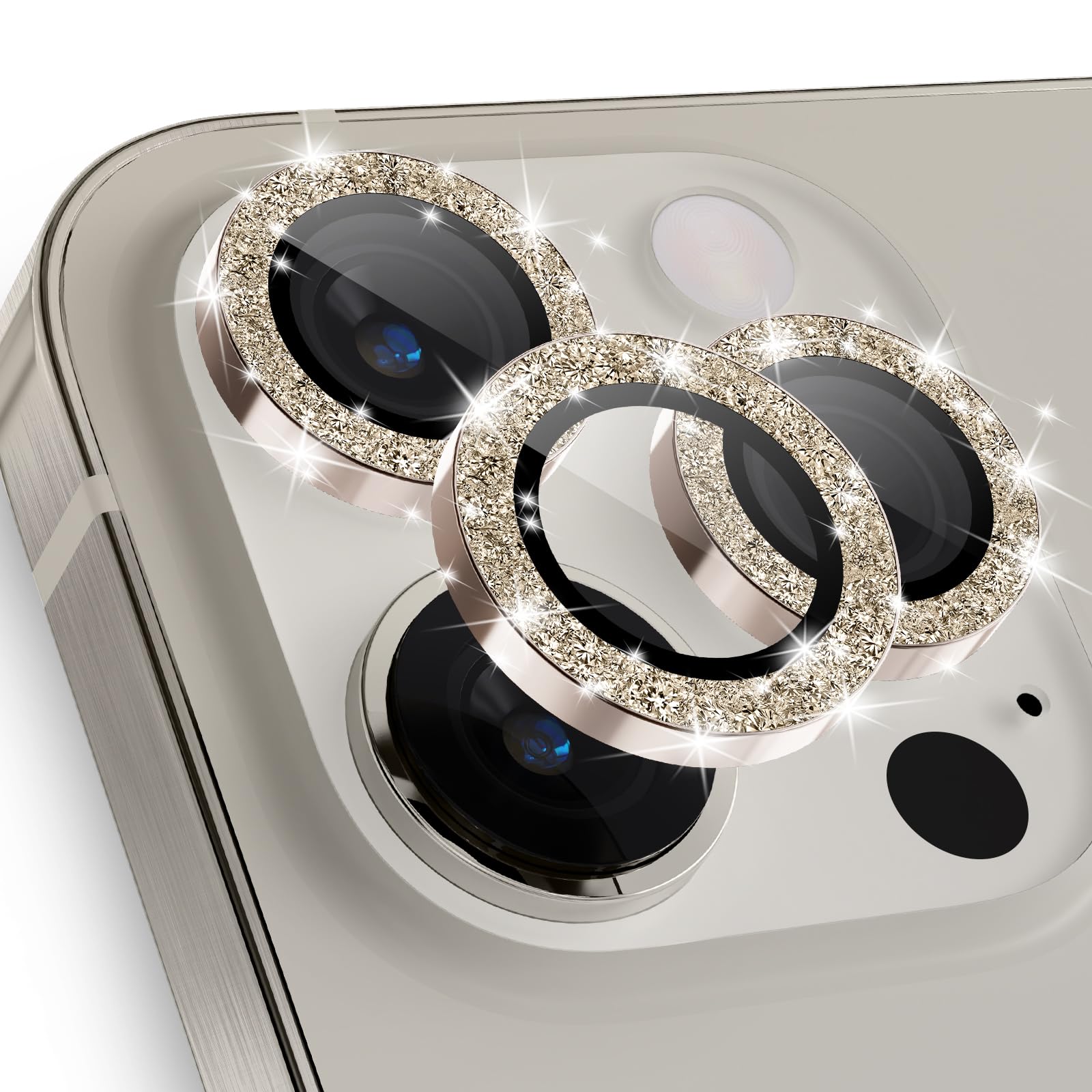 imluckies for iPhone 15 Pro - iPhone 15 Pro Max Camera Lens Protector Bling, HD Clear Aluminum Alloy Individual Ring, 9H Tempered Glass Camera Back Screen Protection Film, Glitter Gold
