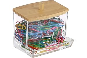 BTSKY Clear Paper Clip Holder with Bamboo Lid Thick Acrylic Self-dispensing Office Supply Accessory Organizer Small Storage Holder Cute Qtip Holder for Office Bathroom Vanity (Clips Not Included)