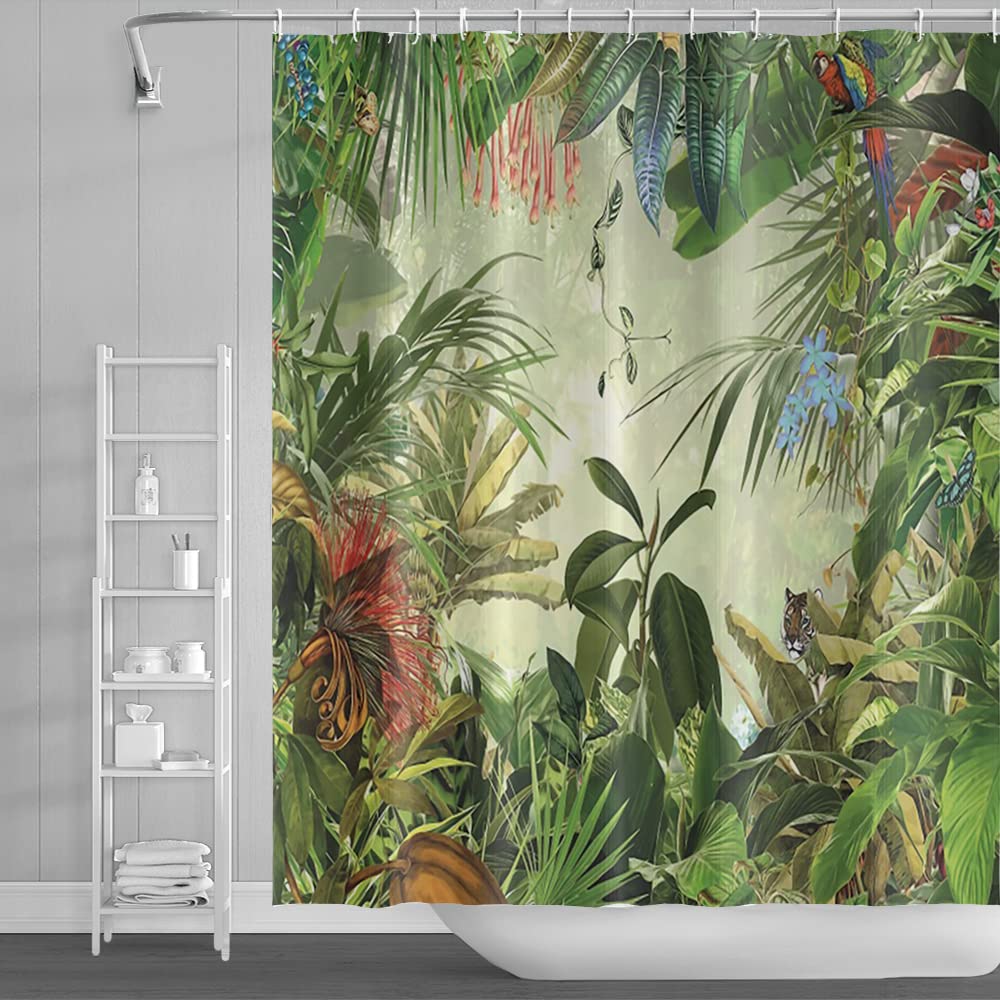 SDOTPMT 105x160cm Tropical Rainforest Shower Curtain Foggy Jungle Green Palm Leaves Flower Bath Curtain Natural Landscape Bathtub Curtain for Bathroom Decor Fabric Polyester Waterproof with Hooks — image 1