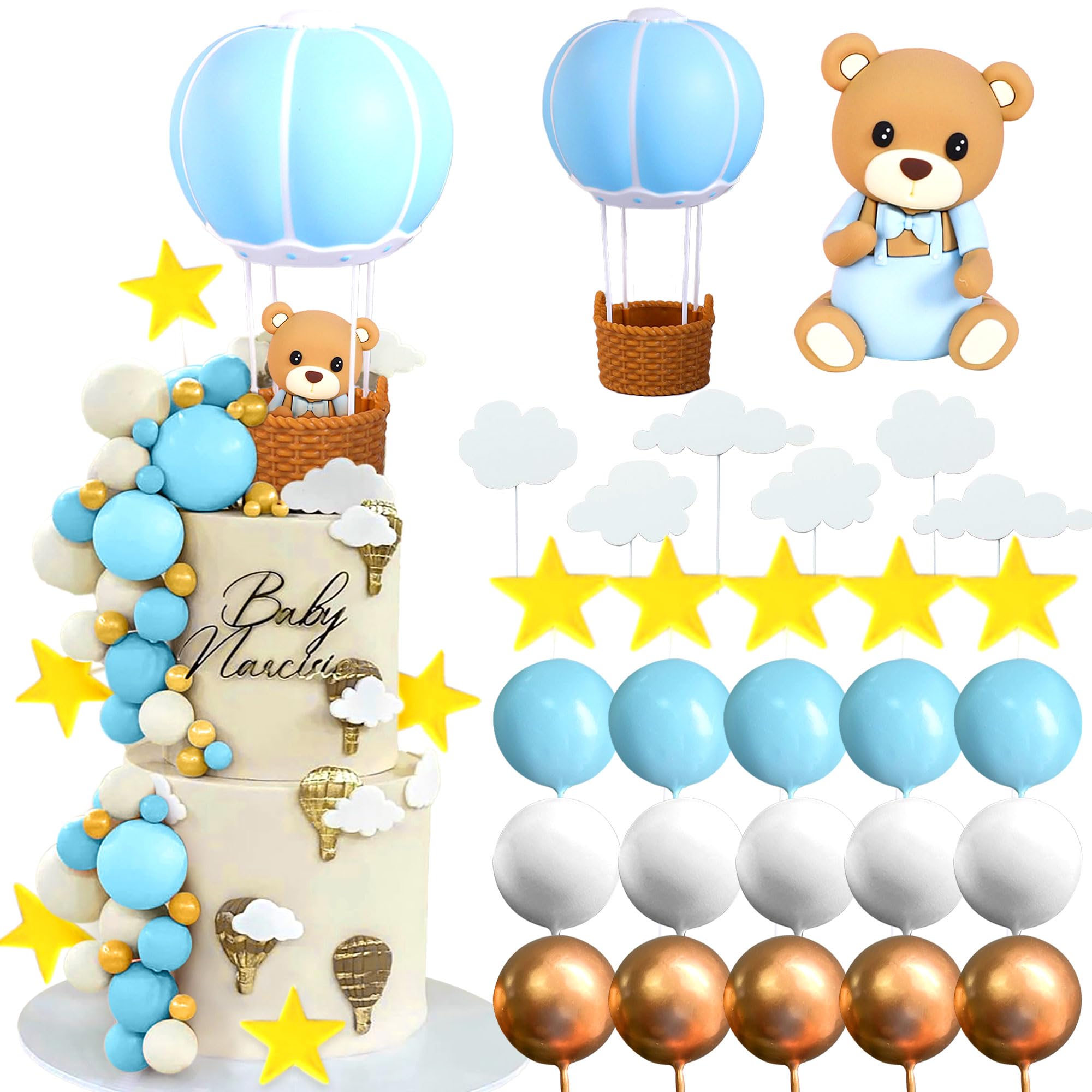 JeVenis Blue Bear Cake Decoration Blue Gold Balls Cake Topper Hot Air ...