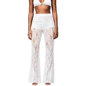 Fhykiss Womens Floral Mesh Lace Pants High Waisted Elastic Semi-Sheer Party Concert Festival Going Out Long Trousers